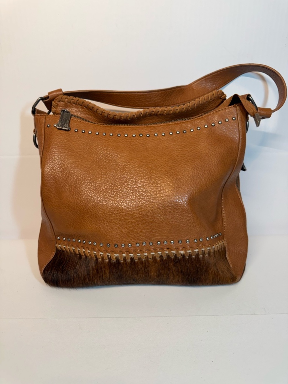 Trinity Ranch Cognac Western Studded Hair On Hide Hobo Shoulder Bag